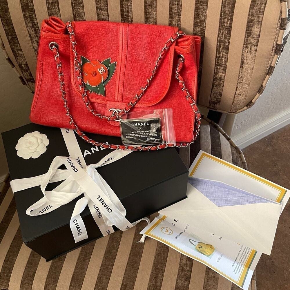 Chanel Red Caviar Leather Camelia Patch Accordion Bag + pouch & gift Box ♥️ 🎁💝 - Picture 12 of 12